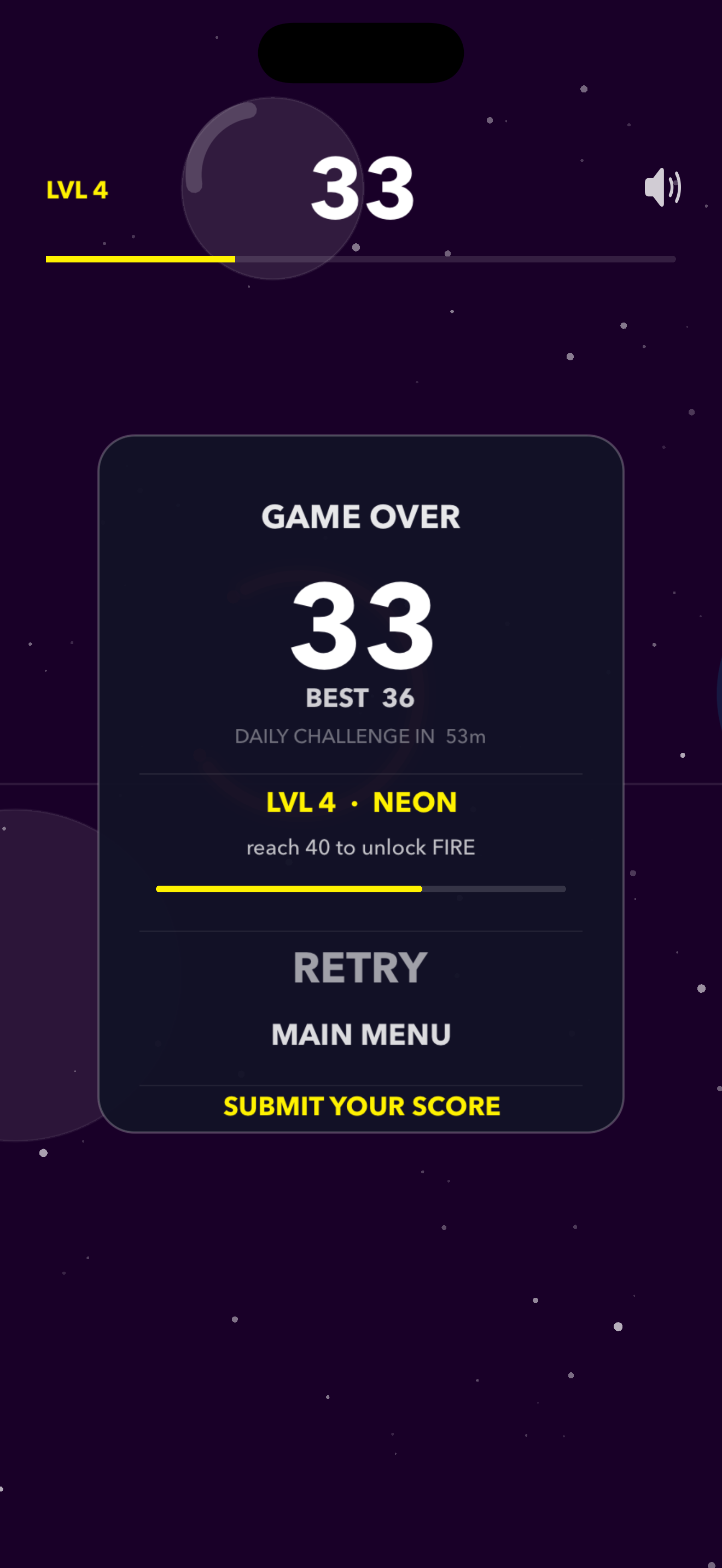 Gapshot game over screen with score